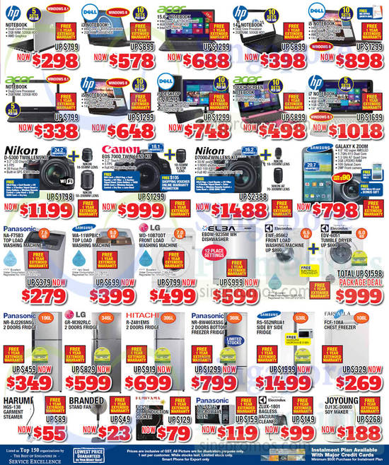 Notebooks, DSLR Digital Cameras, Washers, Dryers, Fridges, Ovens, Panasonic, Hitachi, Samsung