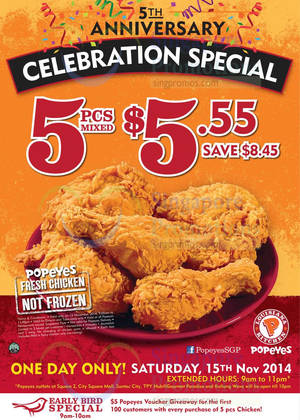 Featured image for (EXPIRED) Popeyes $5.55 5pcs Chicken 1-Day Promo 15 Nov 2014