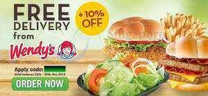 Featured image for Wendy’s Delivery 10% OFF & FREE Delivery Coupon Code 24 – 30 Nov 2014
