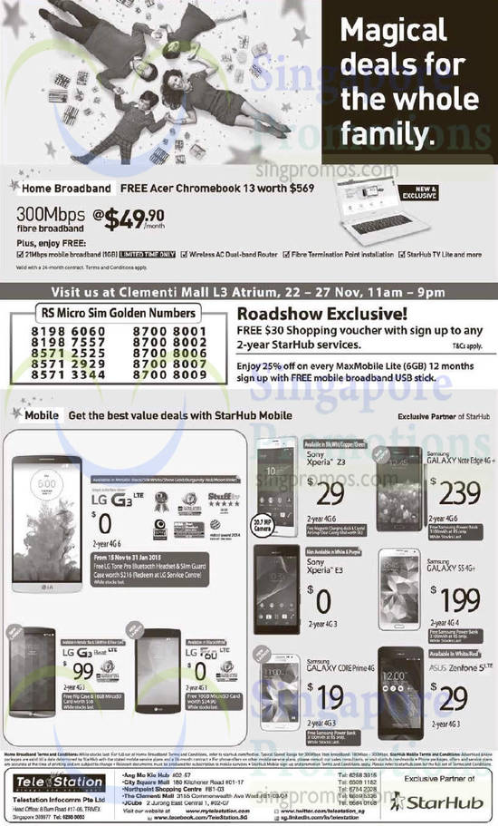 Telestation LG G3, Beat, LG F60, Sony Xperia Z3, E3, Samsung Galaxy Note Edge, S5, Core Prime, Asus Zenfone 5, Clementi Mall Roadshow, 49.90 300Mbps Fibre Broadband