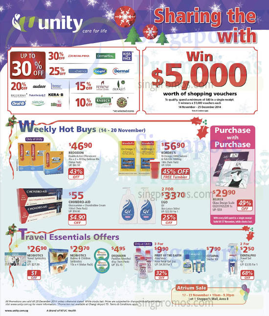 Weekly Hot Buys, Travel Essentials, Purchase with Purchase, Up to 30 PErcent Off, AFC, Rich, Kordels, Redoxon, QV