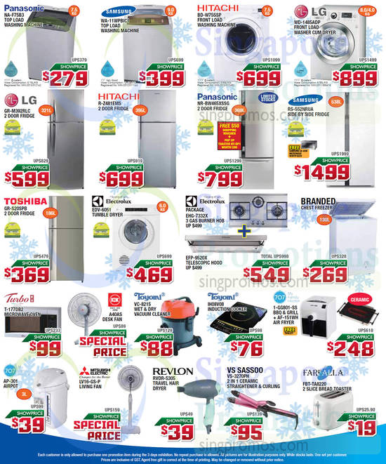 12 Dec Washers, Fridges, Vacuum Cleaner, Fan, Hair Straightener, Bread Toaster, Fan, Panasonic, Samsung, Hitachi, LG, Electrolux, Toyomi, Turbo