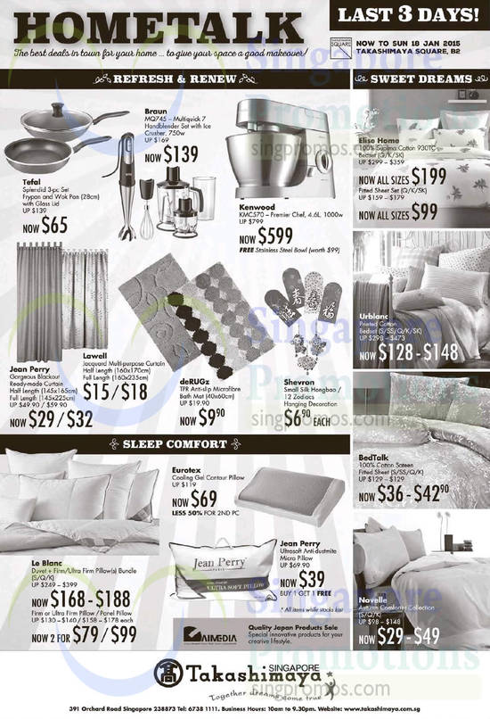 16 Jan Cookware, Bedsheet Set, Bath Mat, Curtain, Pillows, Tefal, Braun, Kenwood, Jean Perry, Eurotex, Urblanc