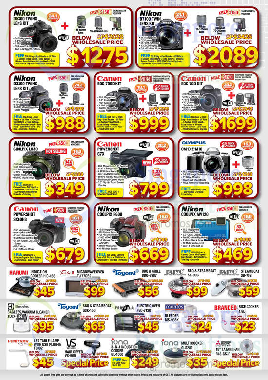 DSLR Digital Cameras, Kitchen Appliances, Canon, Nikon, Electrolux, Taiyo, Fumiyama, Toyomi