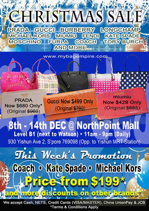 Featured image for MyBagEmpire Branded Handbags & Accessories Sale @ NorthPoint 8 – 14 Dec 2014