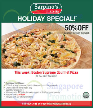 Featured image for (EXPIRED) Sarpino’s Pizzeria 50% Off Boston Supreme Gourmet Pizza 29 – 31 Dec 2014