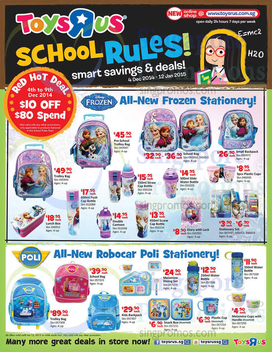 School Holiday Deals Disney Frozen, Robocar Poli School Bags, Water bottles, Stationary Sets, Cups