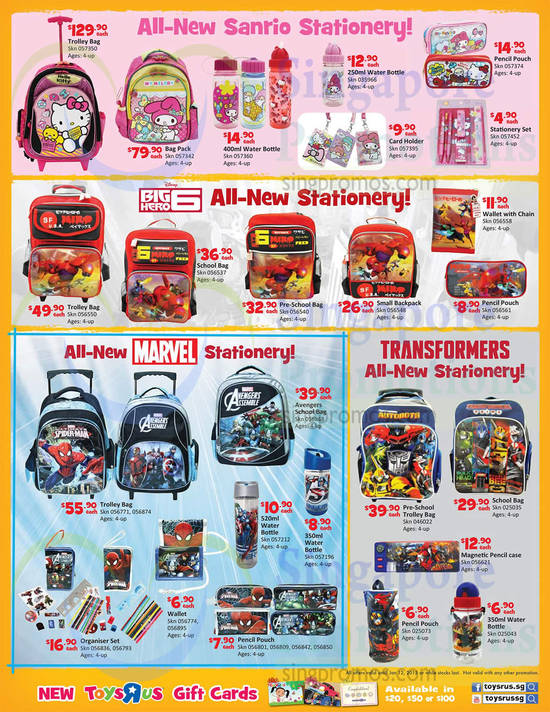 Stationaries Bags, Water Bottles, Pencil Pouches, Sanrio Hello Kitty, Big Hero 6, Marvel, Transformers