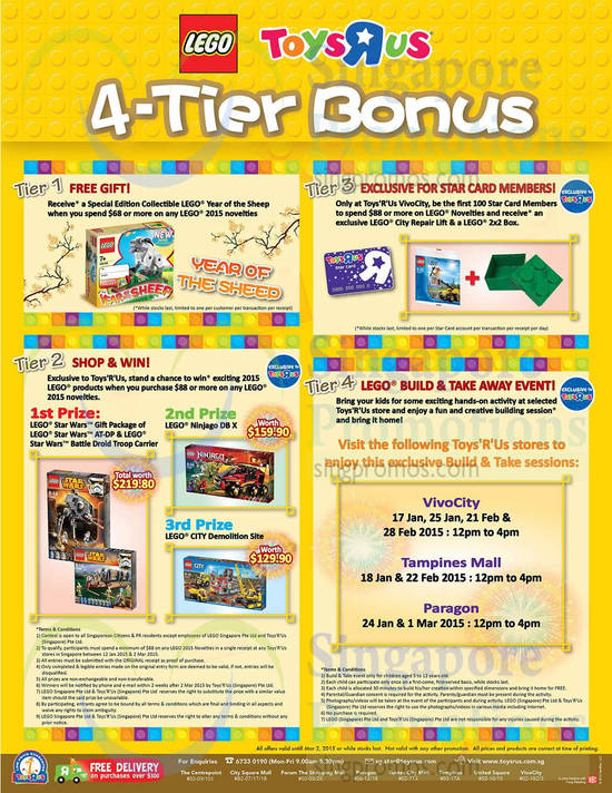 4 Tier Bonus, Tier 1 Free Gift, Tier 2 Shop n Win, Special Edition Collectible Lego Year of the Sheep, Star Wars, Ninjago