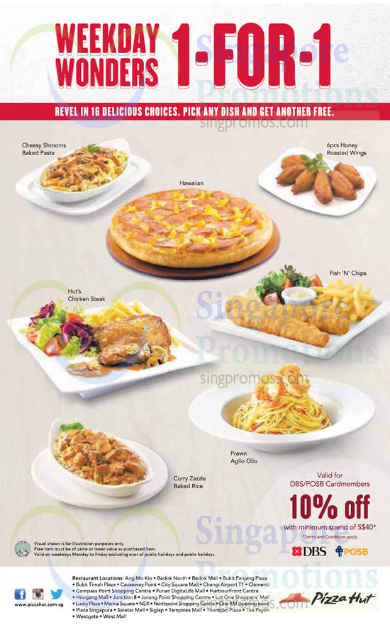 6 Jan 1 For 1 Weekday Wonders, Pizza, Pasta, Fish n Chips. Baked Rice