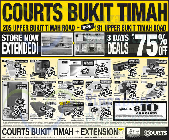 Courts Bukit Timah TVs, Digital Cameras, Tablet, Printer, Fridge, Washer, Furniture, Bedding, Mattress, Dining Set, Speaker, Iron, Fan, Sofa, Air Conditioner