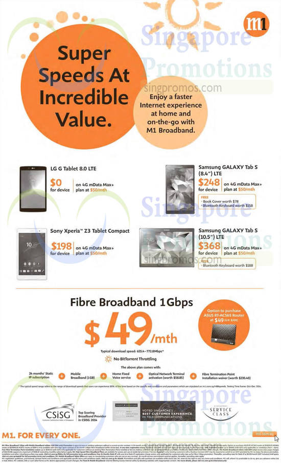 LG G Tablet, Samsung Galaxy Tab S 8.4, Tab S 10.5, Sony Xperia Z3 Tablet Compact, 49.00 1Gbps Fibre Broadband