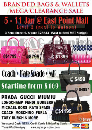 Featured image for MyBagEmpire Branded Handbags & Accessories Sale @ Eastpoint Mall 5 – 11 Jan 2015
