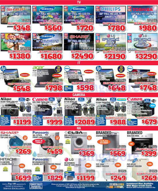 TVs, Notebooks, Digital Cameras, Washers, Dryer, Dishwasher, Oven, Fridges, Freezers, Farfalla, Dell, Panasonic, Samsung, LG, Nikon, Canon, Elba, Hitachi