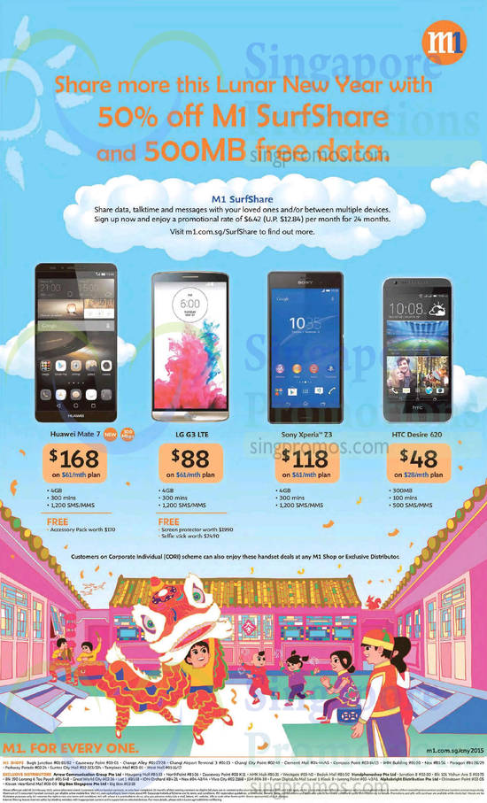 50 Percent off M1 SurfShare, 500MB Free Data, Huawei Mate 7, LG G3, Sony Xperia Z3, HTC Desire 620