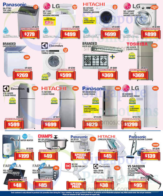 6 Feb Washers, Fridges, Household Small Appliances, Panasonic, LG, Hitachi, Toshiba, Elecrolux, Champs, VS Sassoon, Farfalla, KDK