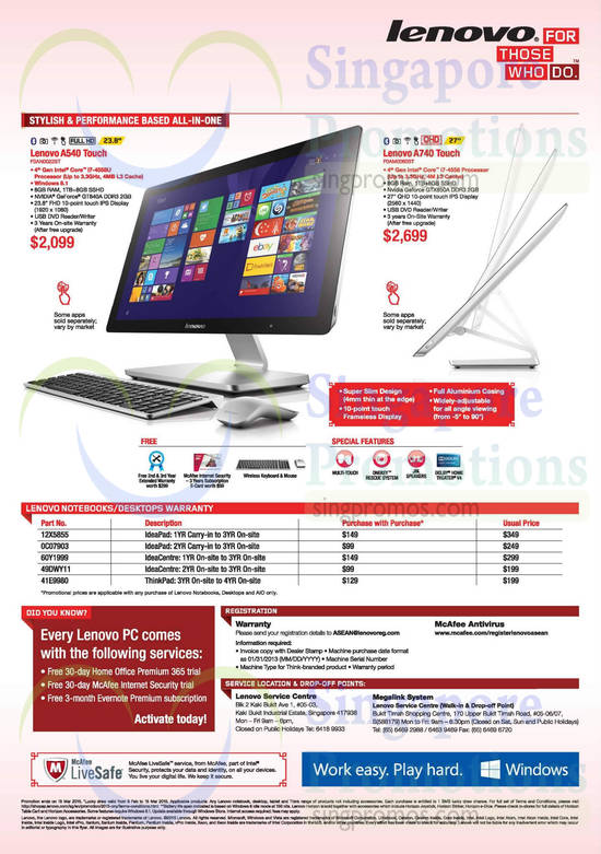 Desktop PCs, A540, A740, McAfee Internet Security, Extended Warranty, Special Features