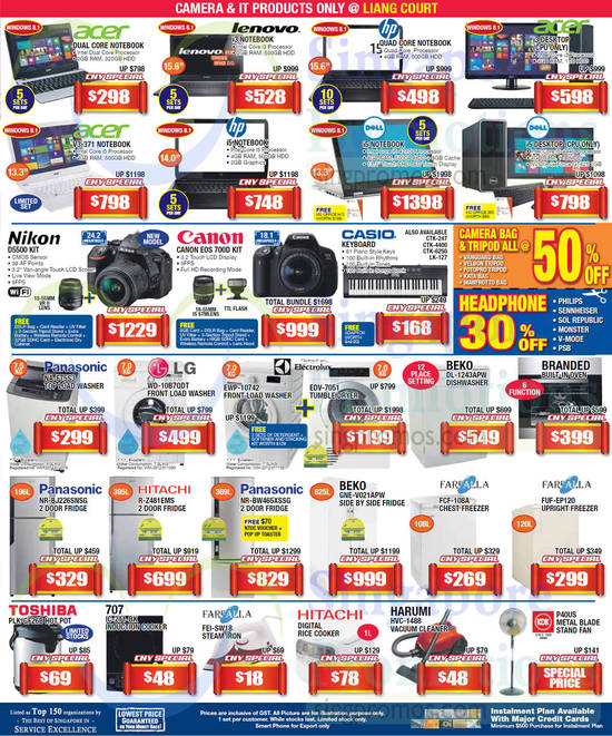 Notebooks, DSLR Digital Cameras, Washers, Dryer, Oven, Fridges, Freezers, Dishwasher, Induction Cooker, Acer, Canon, Nikon, Casio, Electrolux, LG