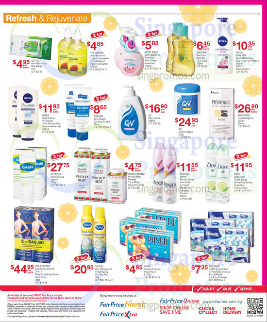 Refresh n Rejuvenate Offers, 2 For Offers, Follow Me, Ginvera, Nivea, Rosken, QV, Physiogel, Bio Essence, Scholl