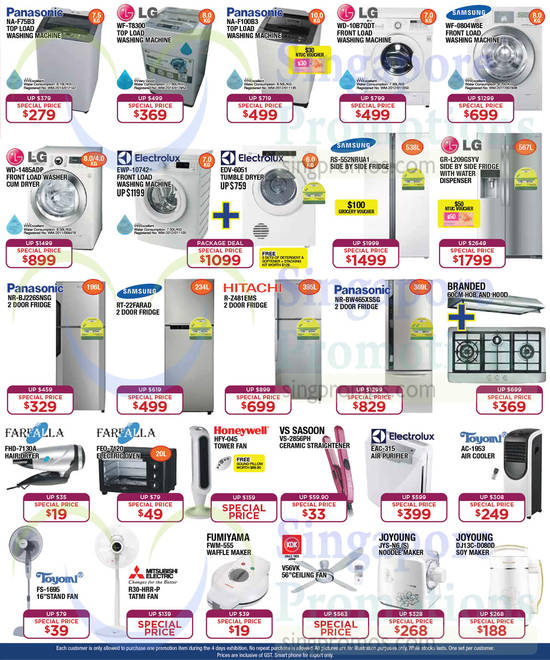 2 Apr Washers, Fridges, Panasonic, LG, Samsung, Electrolux, Hitachi, Farfalla, Honeywell, Toyomi, Fumiyama, Mitsubishi Electric, Joyoung