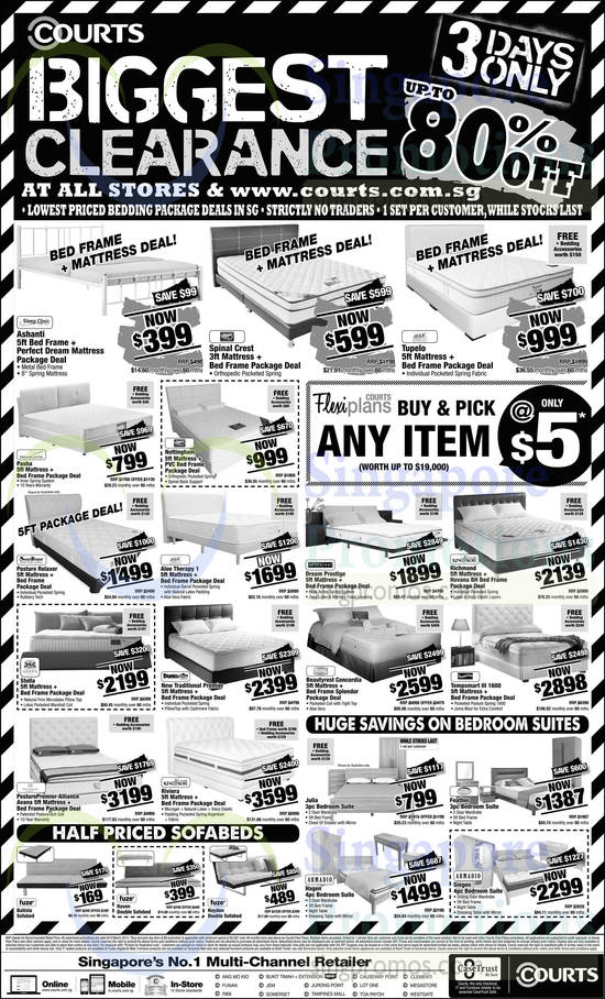 Beddings, Package Deals, Mattresses, Bed Frames, Bedroom Suites, Sofabeds, Fuze, Silentnight, Armadio, King Koil, Orthorest, Simmons, Slumberland, Dunlopillo, Dreamcaster