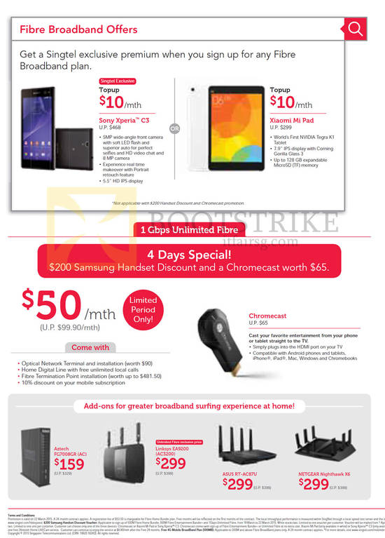 Fibre Broadband, Sony Xperia C3, Xiaomi Mi Pad, 1Gbps Unlimited Fibre, Samsung Handset Discount, Free Chromecast, Add-ons