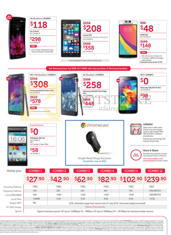 Mobile Phones LG G Flex2, Lumia 930, OPPO N3, Samsung GALAXY Note 4, Note Edge, S5, ZTE Blade VEC 4G, Chromecast, Mobile Plans Combo