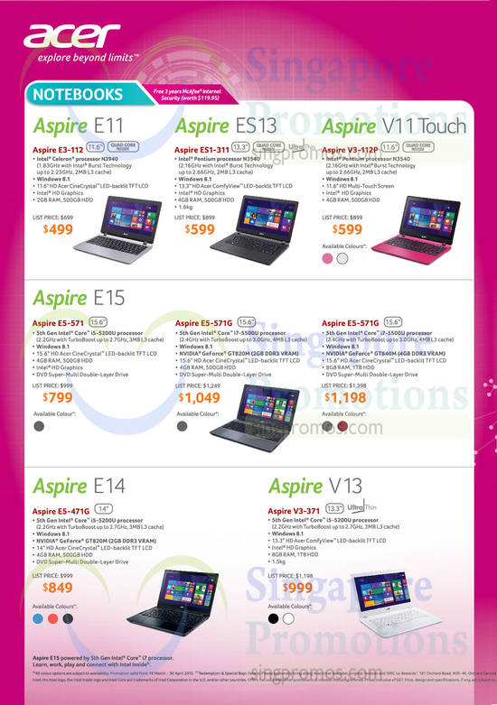 Notebooks Aspire E11, ES13, V11 Touch, E15, E14, V13 Series