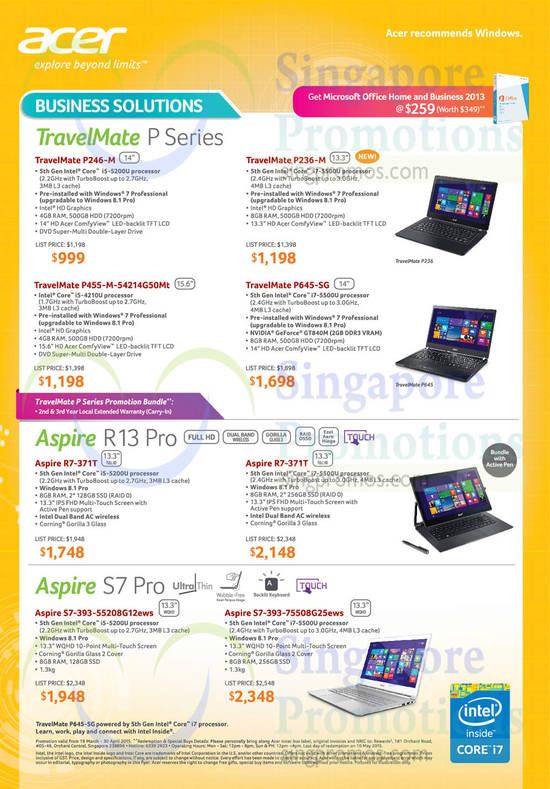 Notebooks TravelMate P Series, Aspire R13 Pro, S7 Pro Series