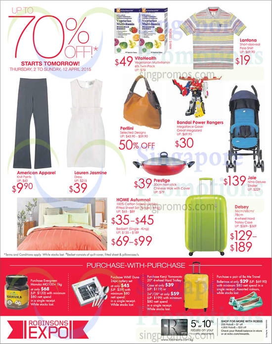 Purchase With Purchase, Apparel, Health Supplement, Baby Stroller, Bedding, Joie, Delsey, Home Autumnal, Perllini, VitaHealth, Prestige