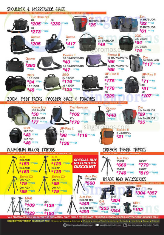 Shoulder Bags, Messenger Bags, Zoom, Belt Packs, Trolley Bags, Pouches, Aluminium Alloy Tripods, Carbon Fibre Tripods, Heads, Accessories