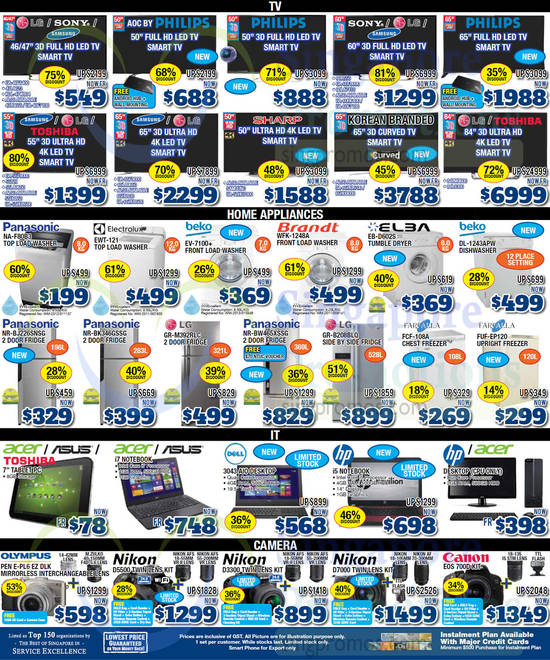 TVs, Washers, Dryer, Fridges, Freezers, Digital Cameras, Notebooks, Tablet, Desktop PC, Elba, Brandt, Beko, Panasonic, Electrolux