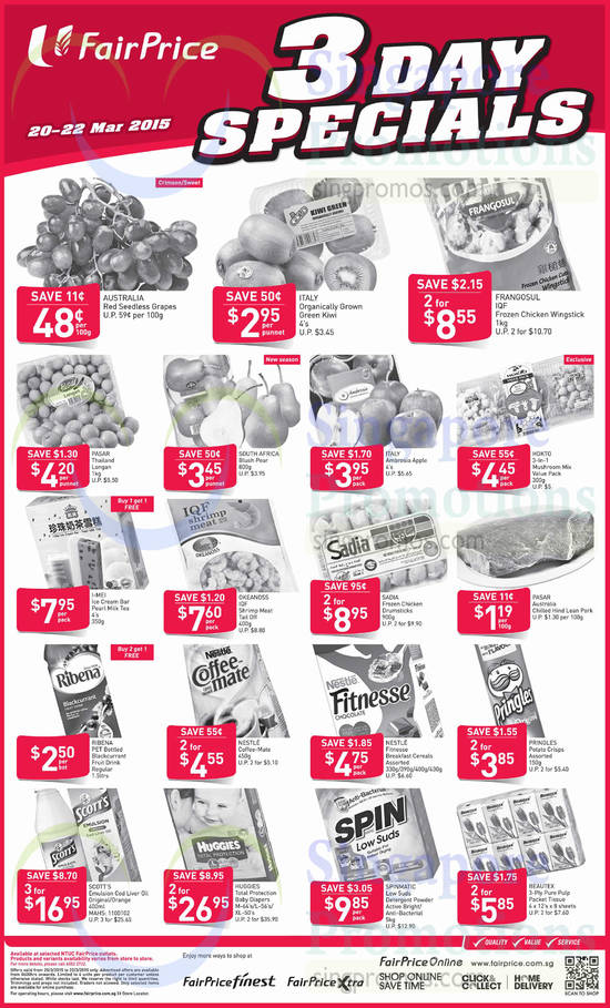 (Till 22 Mar) Groceries, Frozen Foods, Beverages, Detergent, Baby Diapers, Cod Liver Oil, Fruits, Pocket Tissue, Huggies, Scotts, Spinmatic, Frangosul, Sadia, Beautex, Nestle