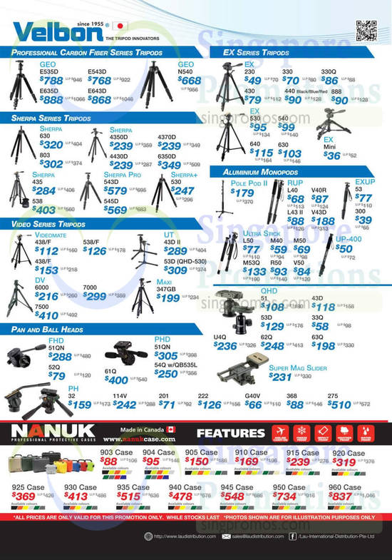 Tripods, Monopods, Video Series Tripods, Pan, Ball Heads, Cases, Velbon