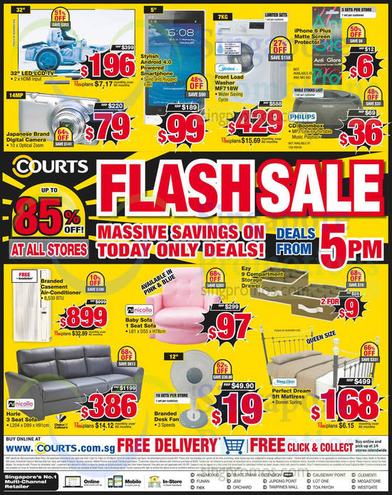 Up to 85 Percent Off, 5PM Deals, TV, Smartphone, Washer, CD Boombox, Digital Camera, Sofa, Mattress, Fan