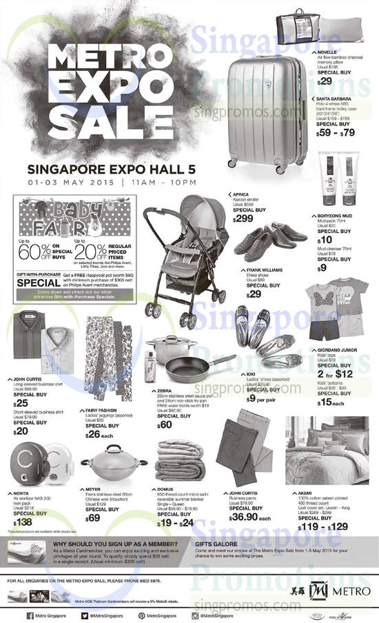 1 May Apparel, Kids Apparel, Stroller, Luggage, Cookware, Wok, Sauce Pot, Beddings, Quilt Cover Set, Shoes, Air Sterilizer, Novita, Meyer, Aprica, Akemi