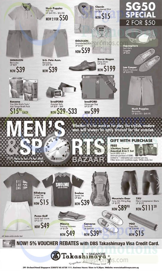 10 Apr Men Apparel, Shirts, Bermudas, Belts, Briefs, Sports Gear, Sports Footwear, Dress Shoes, Hush Puppies, Borse Mogan, Goldlion, Renoma, Lee Cooper