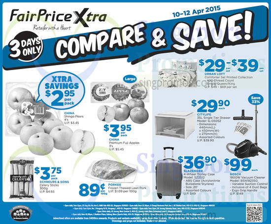 10 Apr (Till 12 Apr) Compare n Save Drawer, Trolley Case, Vacuum Cleaner, Fruits, Pork, Celery