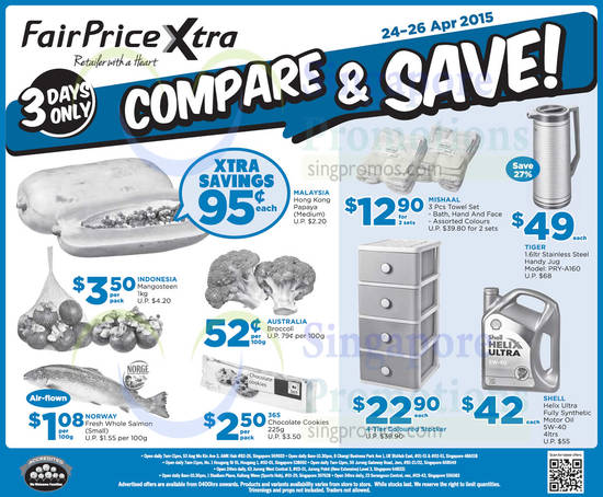 24 Apr (Till 26 Apr) 3 Days Compare n Save Fruits, Vegetable, Towel Set, Jug, Motor Oil, Stocker, Chocolate Cookies, Salmon Fish