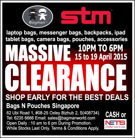 Bagman Bags STM Bags Clearance Sale 15 19 Apr 2015