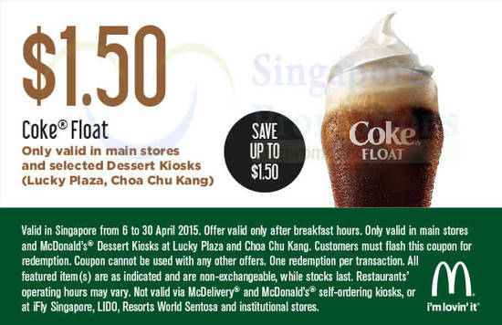 (Main Stores, Selected Dessert Kiosks) 1.50 Coke Float