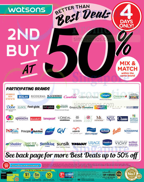 (Till 26 Apr) 2nd Buy at 50 Percent Off, Mix n Match Same Brand, Bioglan, Blackmores , Carefree, Celebrity’s Choice, Cetaphil, Dove, Garnier