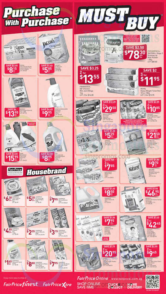 (Till 29 Apr) Purchase With Purchase, Must Buy Items, Housebrand Products, Olive Oil, Daiper, Milk Powder, Biscuits, Detergent Powders, Ice Cream