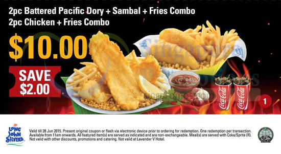 (1) 10.00 2pc Battered Pacific Dory, Sambal, Fries Combo, 2pc Chicken, Fries Combo