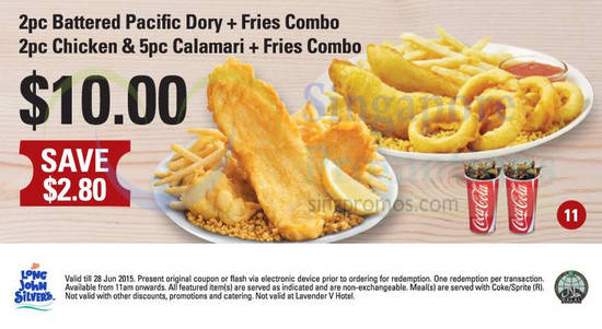 (11) 10.00 2pc Battered Pacific Dory, Fries Combo, 2pc Chicken, 5pc Calamari, Fries Combo