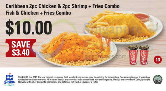 (13) 10.00 Caribbean 2pc Chicken, 2pc Shrimp, Fries Combo, Fish n Chicken Fries Combo