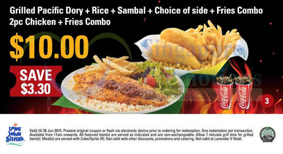 (3) 10.00 Grilled Pacific Dory, Rice, Sambal, Choice of Side, Fries Combo, 2pc Chicken, Fries Combo