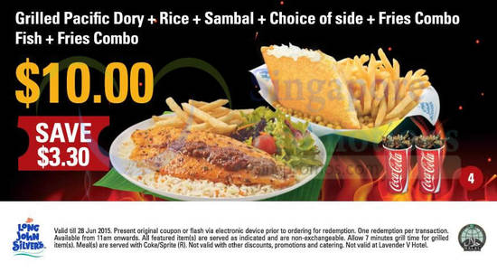 (4) 10.00 Grilled Pacific Dory, Rice, Sambal, Choice of Side, Fries Combo, Fish, Fries Combo