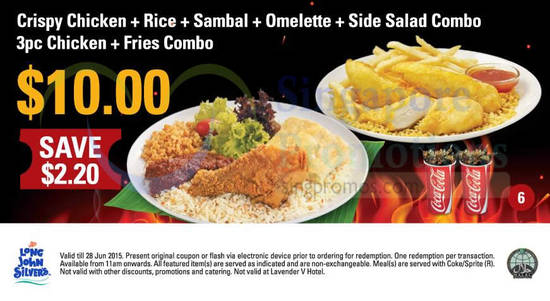 (6) 10.00 Crispy Chicken, Rice, Sambal, Omelette, Side Salad Combo, 3pc Chicken, Fries Combo