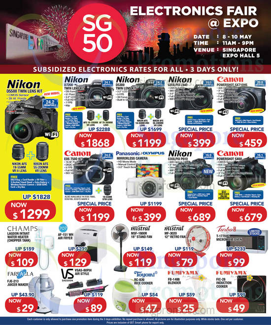 8 May Digital Cameras, Stand Fan, Oven, Blender, Juicer, Nikon, Canon, Panasonic, Olympus, Mistral, Turbo, Farfalla